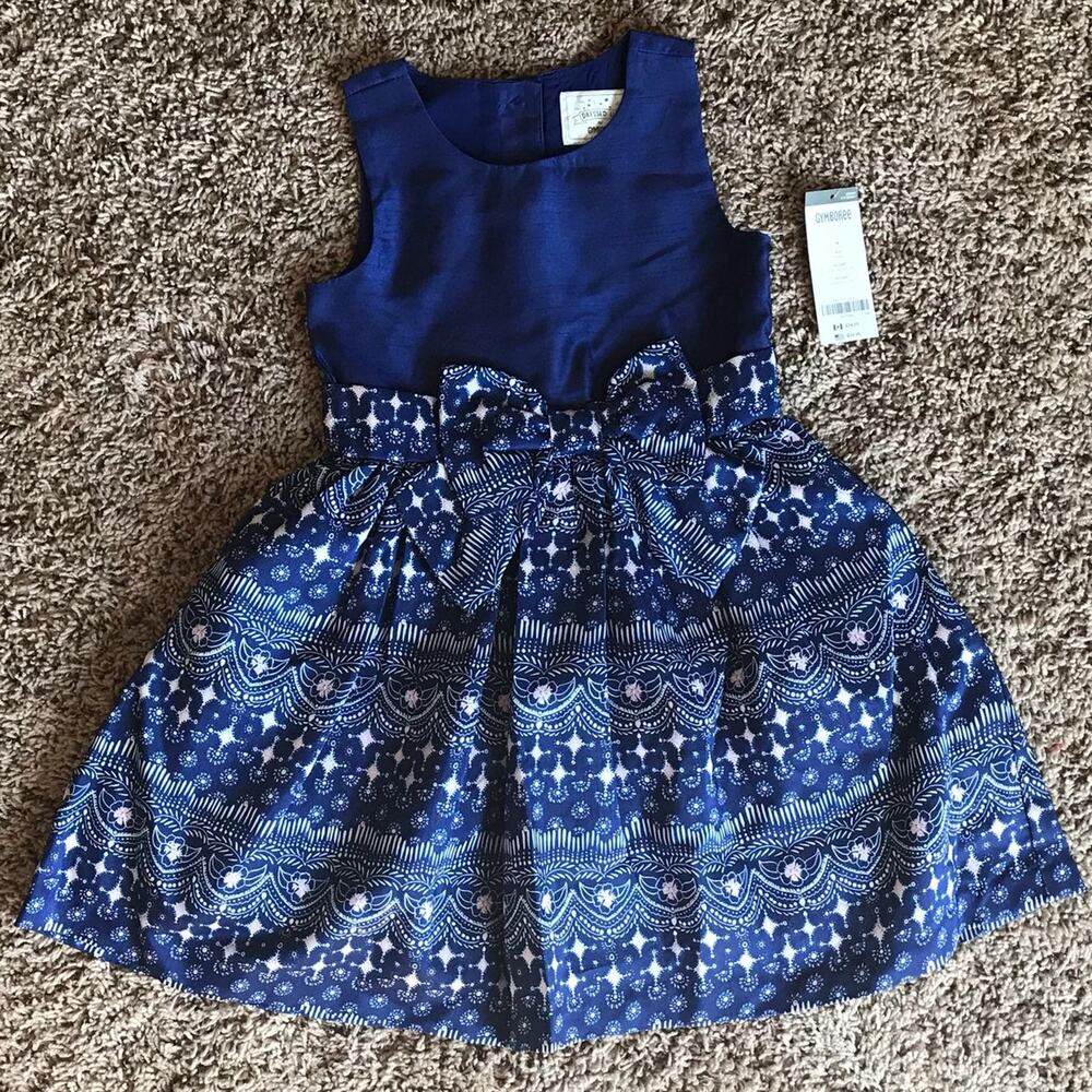 Gymboree Girls Size 4 Blue + White/Light Pink Skirt Design Sleeveless Dress NWT